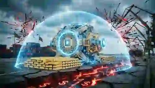 A pristine, glowing quantum node and automated defense grid projecting a cold blue cryptographic shield over a vault of physical gold, safely isolated from a collapsing, hyper-realistic global shipping map.