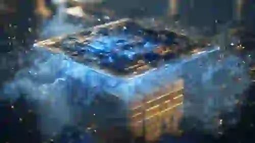 A pristine, hyper-advanced decentralized quantum node projecting a cold blue cryptographic shield over physical gold bars, actively repelling a chaotic digital storm of collapsing US Treasury yields.