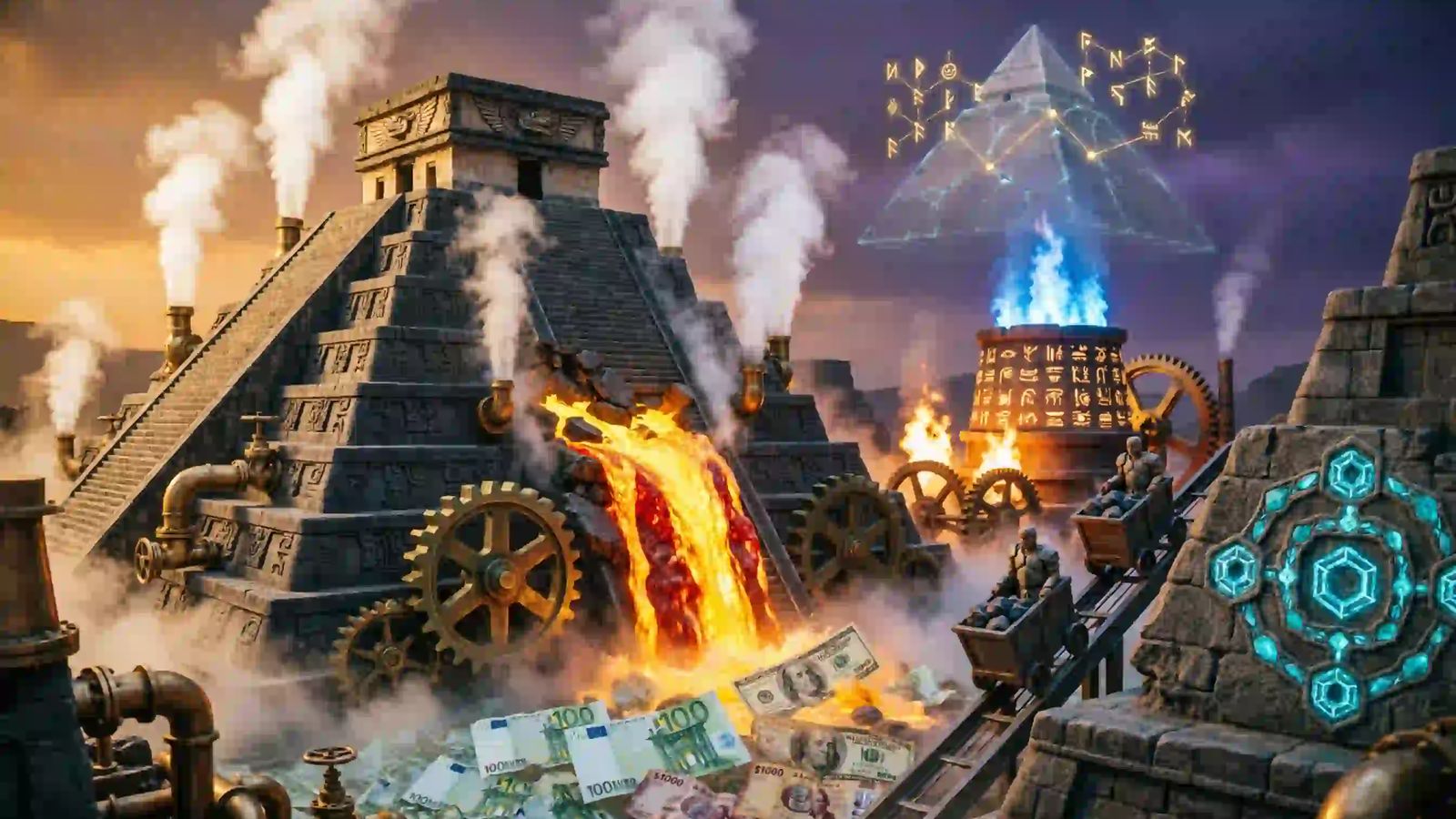 Aztec Industrial Revolution & Fiat Collapse Illustration for Macro Echoes covering Aztec Industrial Revolution & Fiat Collapse
