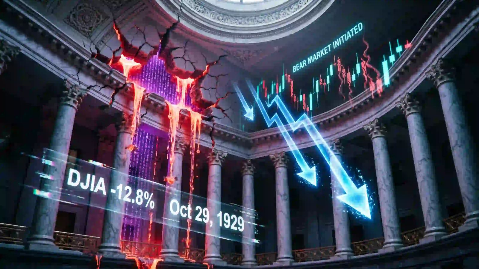 1929 Echo: Hardcoded Market Collapse Illustration for Alpha Echoes covering 1929 Echo: Hardcoded Market Collapse