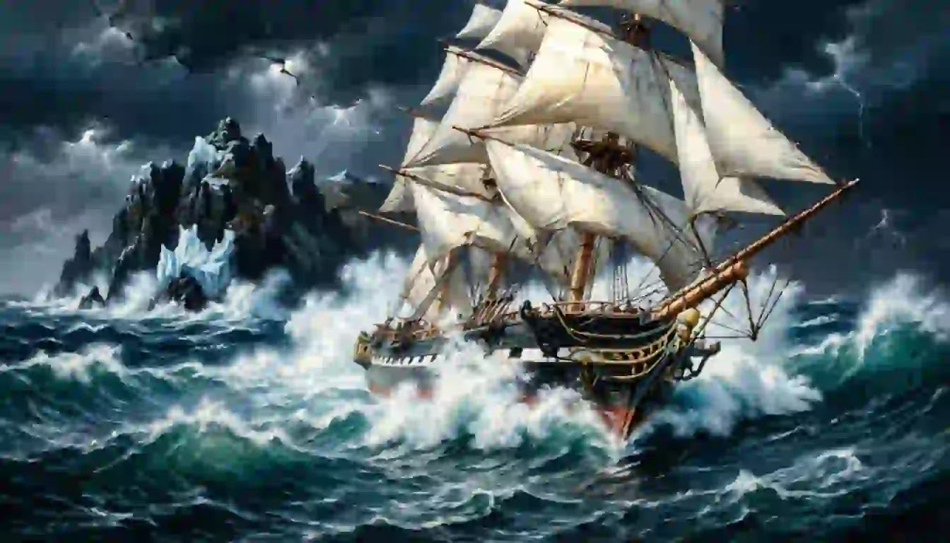 Cape Horn Maritime Treachery A massive 19th-century merchant sailing vessel battling towering waves around a frozen, dark Cape Horn cape, representing high systemic friction
