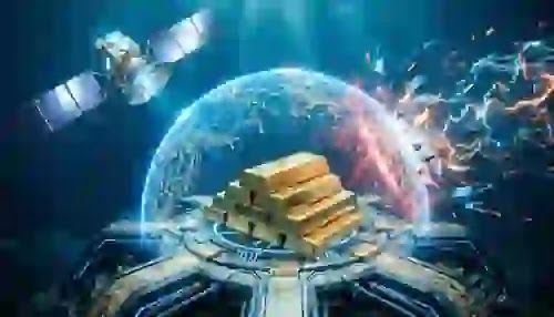 A glowing, heavily fortified deep-sea data node and quantum satellite network protecting a stream of blue digital data from a collapsing, hyper-realistic financial matrix.