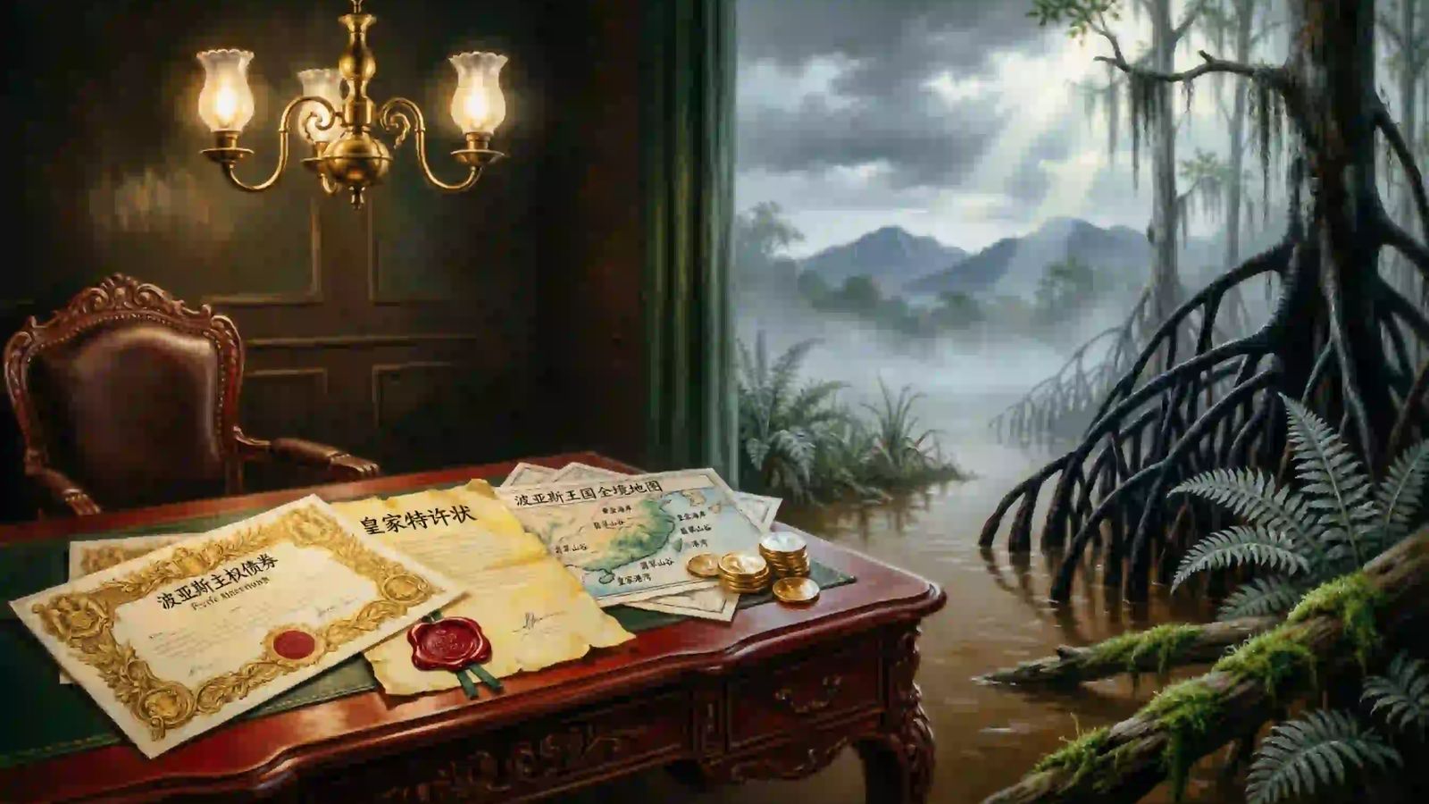 The Poyais Illusion: MacGregor's Kingdom of Nothing An ornate 19th-century fraudulent Poyais sovereign bond certificate and map, dissolving into mist over an untamed Central American jungle swamp.