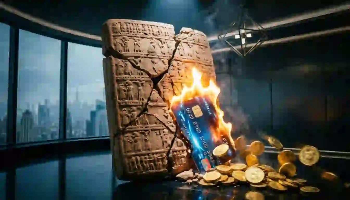 An ancient clay tablet transforming into a melting credit card, symbolizing the inevitable collapse of compound interest and fiat debt loops.