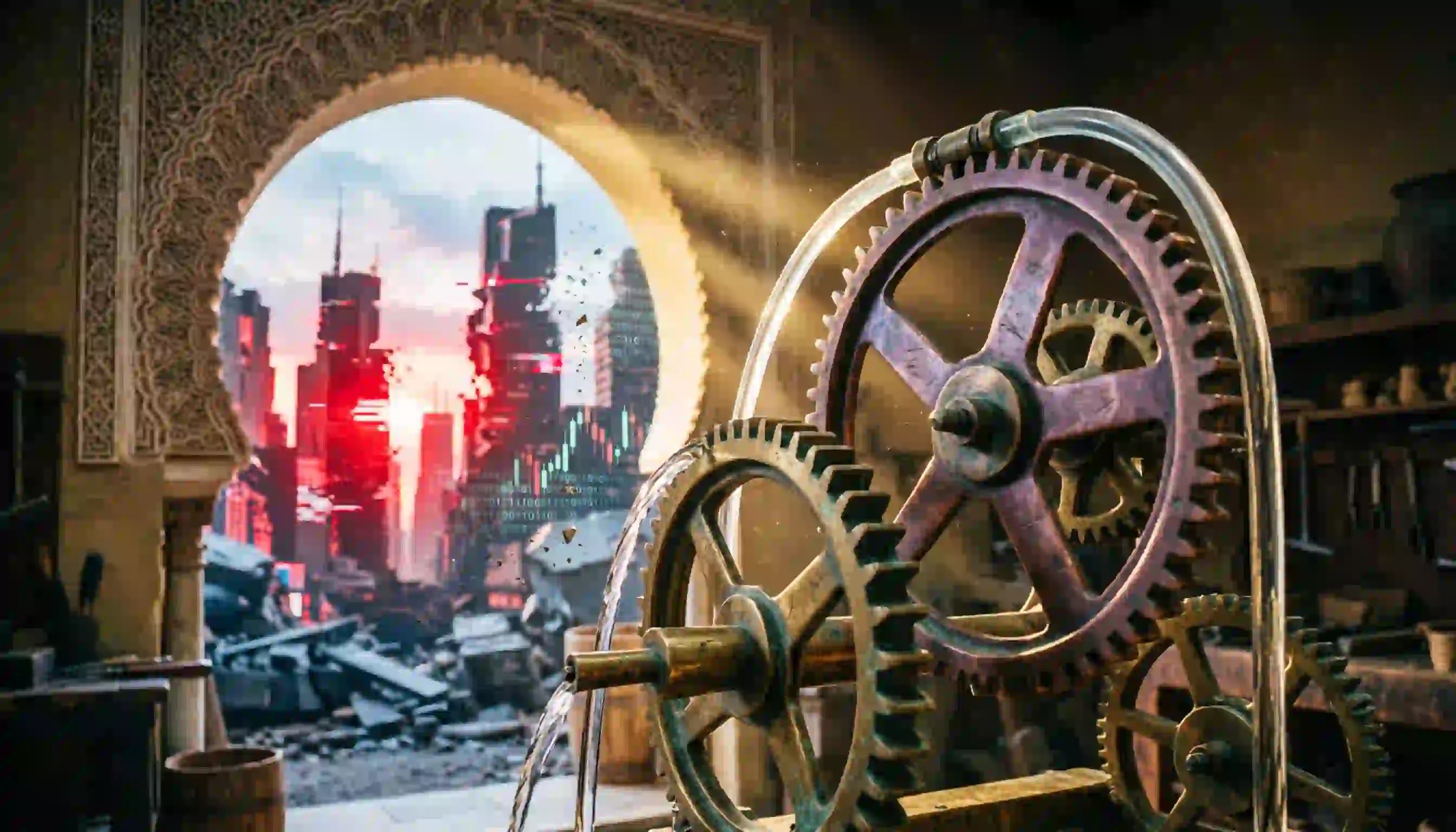 Cinematic photo of 12th-century Andalusian water clock gears contrast against a modern glitching financial skyline