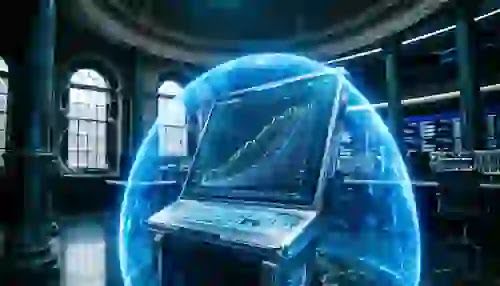 A hyper-realistic cinematic shot of a glowing blue holographic energy shield protecting a golden sovereign debt contract inside a dark, brutalist central bank vault.