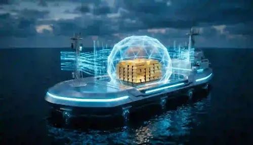 A futuristic offshore quantum server bank holding liquid gold.