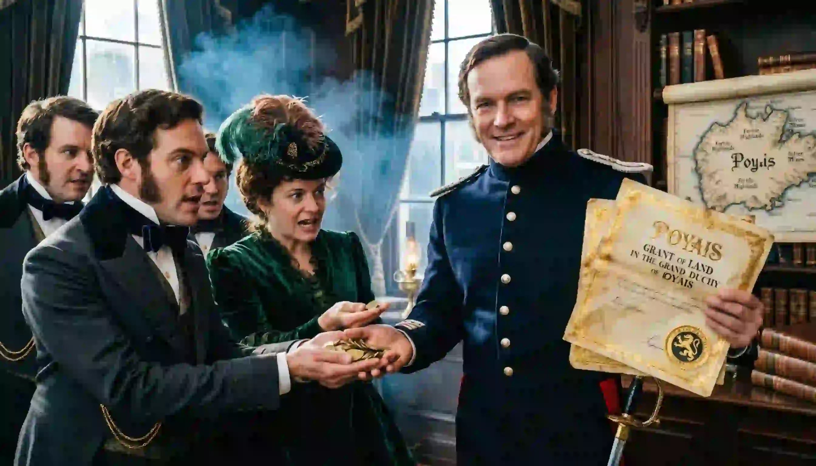 19th-century aristocrats eagerly buying fake Poyais land deeds in a lavish London office.