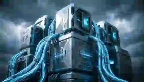 A hyper-realistic cinematic shot of a glowing blue holographic energy shield protecting encrypted silver bars inside a dark central bank vault, 8k resolution.