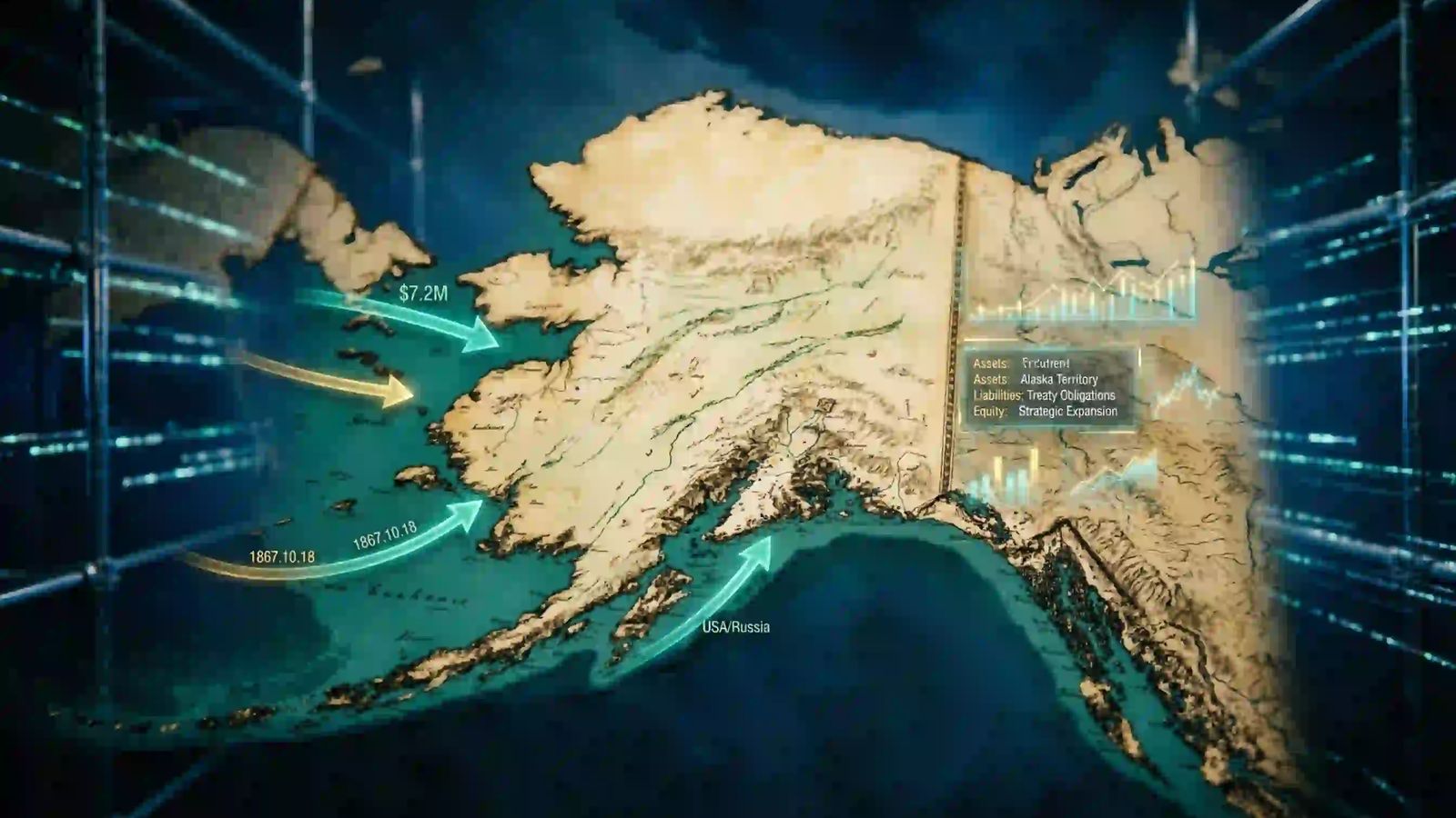 Russian Alaska & The Contiguous Trap Historical map and glowing digital overlays depicting the 1867 Alaska Purchase and geopolitical territorial trade between Russia and the United States.