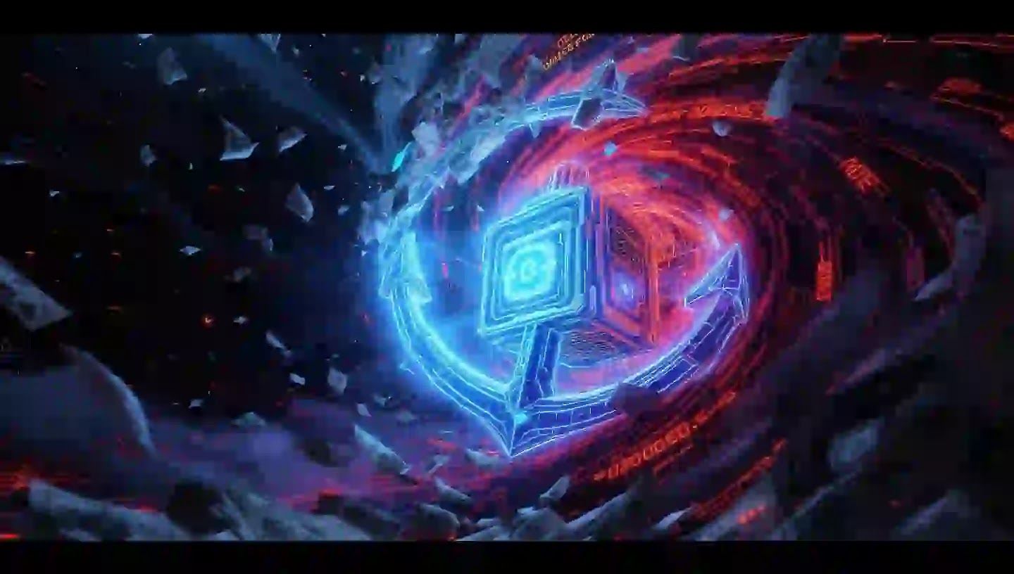 The Thermodynamic Anchor A glowing quantum cryptographic node anchoring wealth against a storm of burning fiat paper.