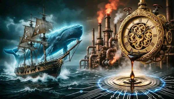 Cinematic concept art depicting the transition from 19th-century whale oil industry to petroleum and mechanical industrialization, representing the 1859 energy shift.