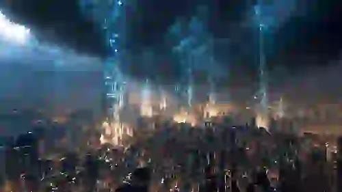 A hyper-realistic cinematic shot of a glowing, heavily fortified quantum data vault standing untouched amidst the chaotic collapse of a traditional analog financial metropolis, dark atmospheric lighting.