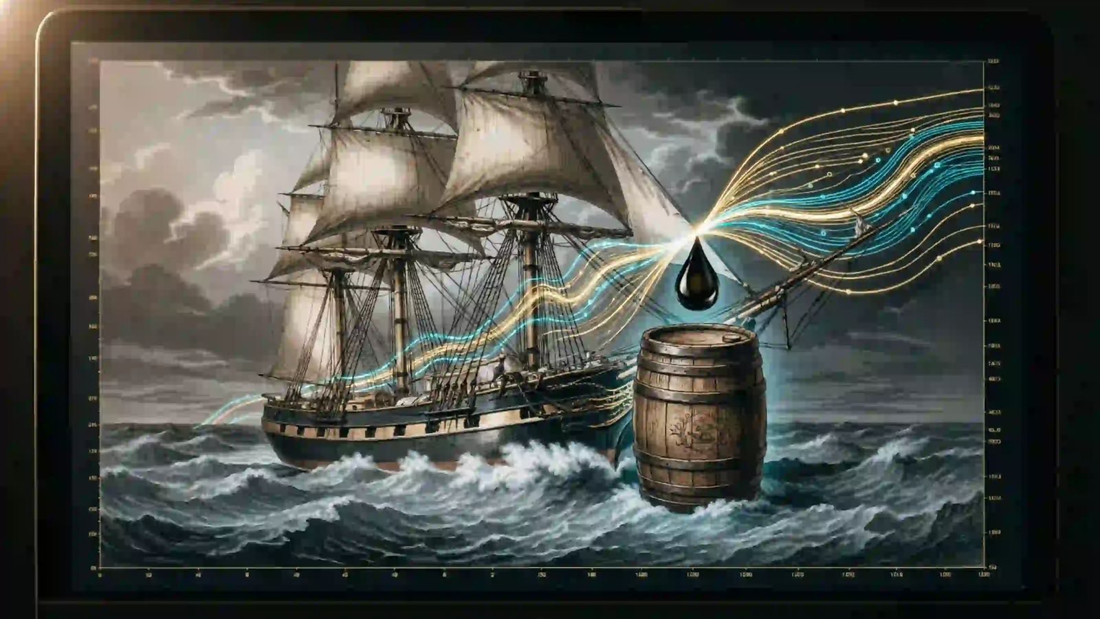 1859 Leviathan Asset: Whale Oil market shift Historical 19th-century illustration of a whaling vessel and oil barrels, representing the pre-petroleum energy market architecture and the 1859 whale oil crisis.