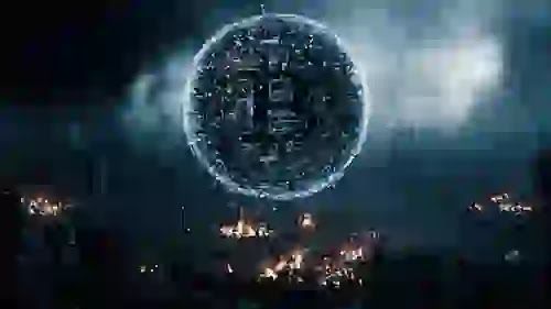 A hyper-realistic cinematic shot of a glowing blue holographic Bitcoin matrix shielding a massive gold vault from a chaotic storm of burning fiat currency, 8k resolution.