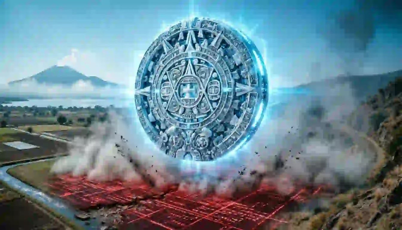 The Cryptographic Sun Stone A futuristic quantum Aztec calendar floating above a failing digital fiat grid.