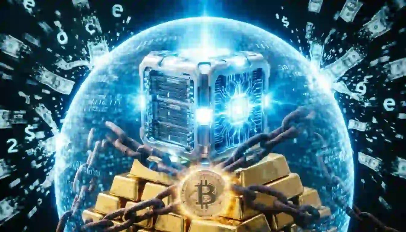 A hyper-advanced quantum server vault projecting a cold blue shield over physical gold and a glowing Bitcoin, safe from the fiery collapse of a towering, debt-ridden fiat city in the background.
