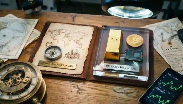 A high-definition, analytical close-up photograph of an open portfolio case, showcasing a map and compass next to a gold bar and a Bitcoin medallion, labeled for the 'Atomic Anchors' and 'Velocity Bits' strategy.