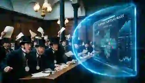 A hyper-realistic cinematic shot of an advanced holographic financial shield protecting a complex equity portfolio matrix inside a dark, futuristic trading floor.