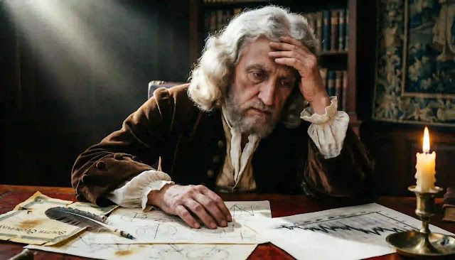 A melancholic portrait of Sir Isaac Newton in a baroque 18th-century room, late 1720, sitting in desolation at a sharply falling stock chart.