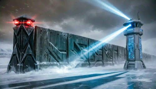 The Alternate Arctic Border hyper-militarized futuristic border wall traversing the frozen Alaskan tundra.