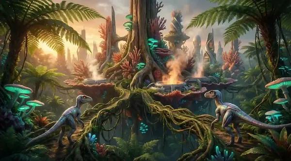 Futuristic biopunk city built by sentient dinosaurs with organic skyscrapers