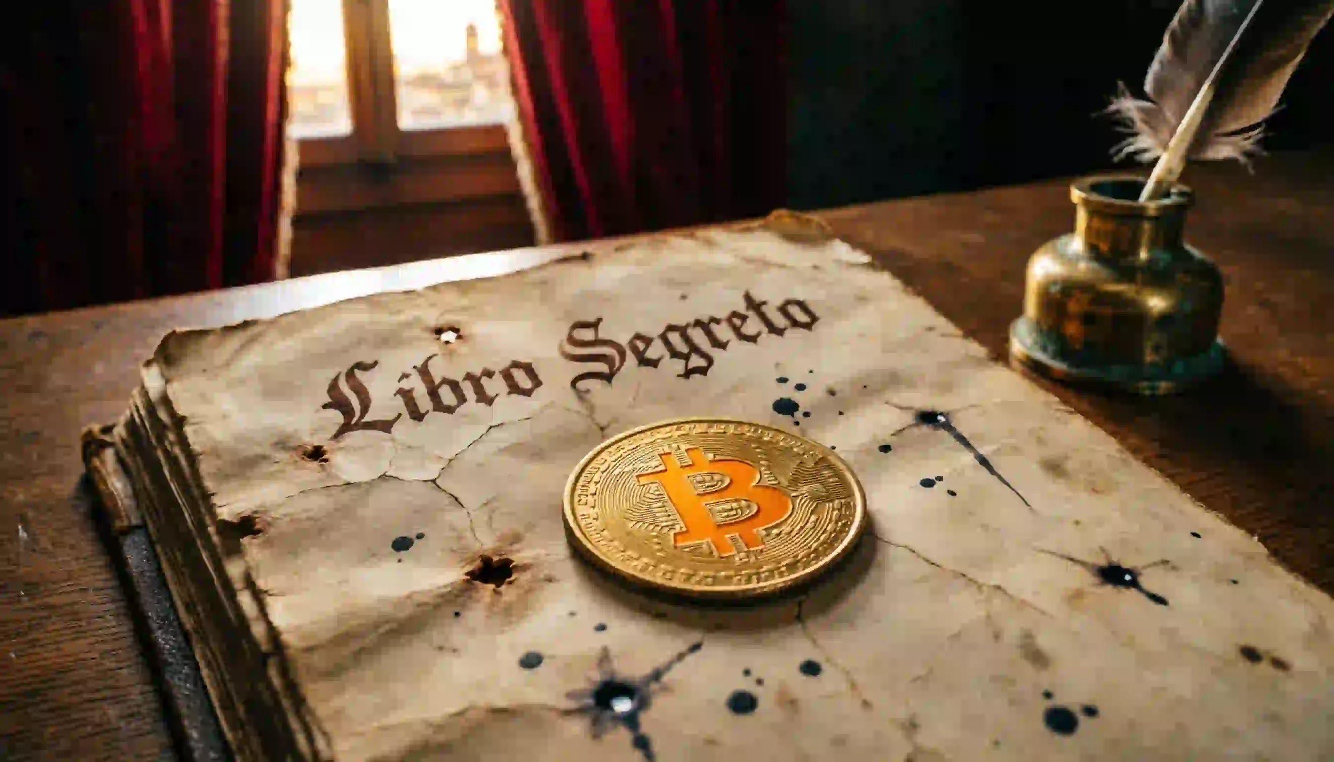The Medici Shadow Ledger and Sovereign Wealth A 15th-century Medici bank ledger book next to a gold coin, representing the origins of double-entry bookkeeping and modern centralized banking.