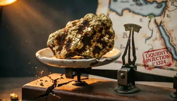 Forensic macro photograph of gold ore overloading an ancient scale, symbolizing the Mansa Musa 1324 gold price collapse.