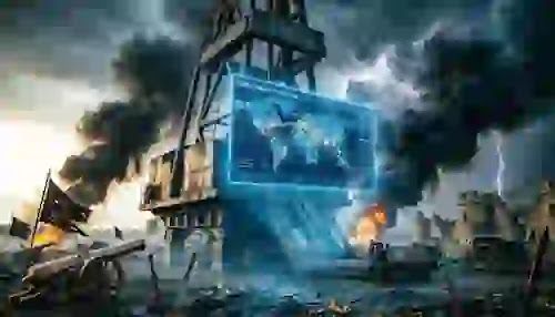 A hyper-realistic cinematic shot of a glowing holographic global energy matrix hovering above a pool of dark crude oil inside a secure, high-tech financial vault, 8k resolution.