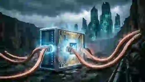 A pristine, hyper-advanced decentralized AI core glowing with cold blue light, heavily interconnected by thick, glowing copper cables powering a futuristic global grid.