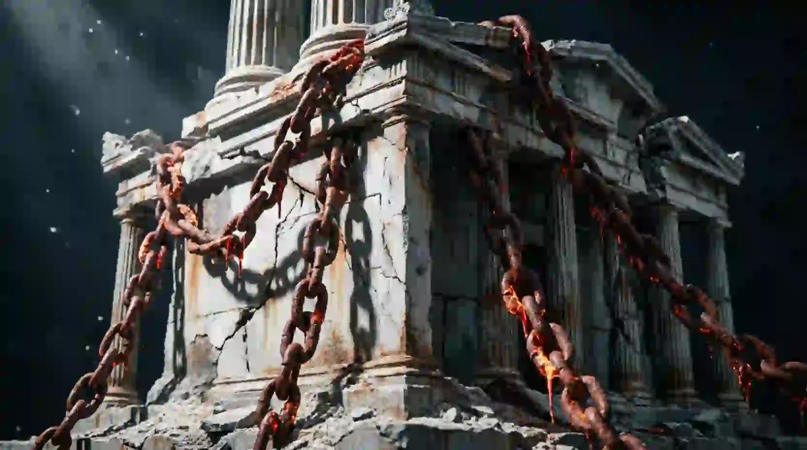 A massive, decaying neo-classical American monument crumbling under the weight of glowing, heavy digital debt chains in a dark void.