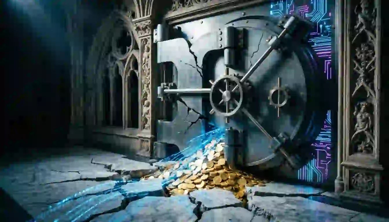 The Systemic Collapse of Centralized Credit A crumbling Renaissance bank vault leaking gold and digital data, symbolizing the inevitable failure of fiat debt cycles and counterparty risk.