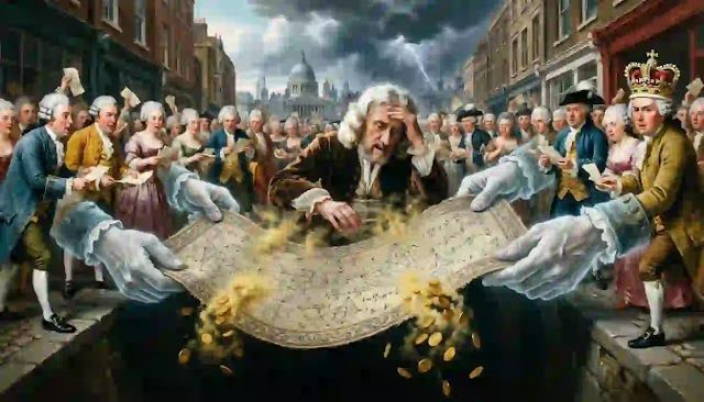 A dramatic, cinematic wide shot of a frantic 18th-century crowd trading papers in Exchange Alley, London, 1720.