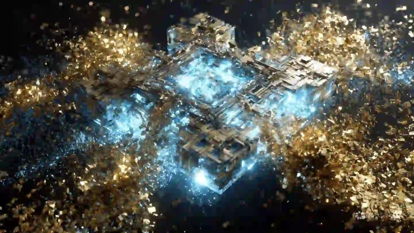 A glowing quantum cryptographic ledger protecting wealth from a collapsing golden fiat matrix.