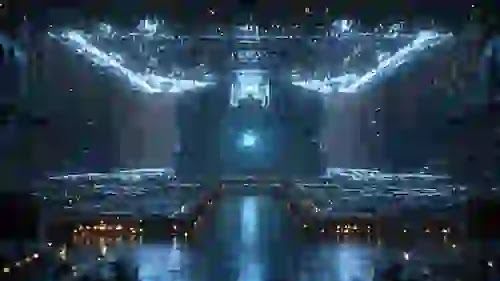 A hyper-realistic cinematic shot of a glowing human brain intertwined with golden fiber-optic cables inside a pristine quantum computing core, dark lighting.