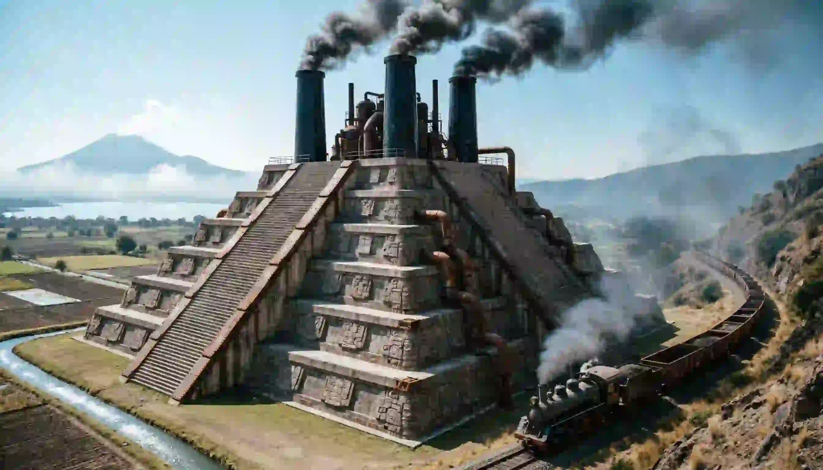 The Obsidian Engine Massive steam-powered Aztec pyramid with obsidian smokestacks in an alternate industrial revolution.