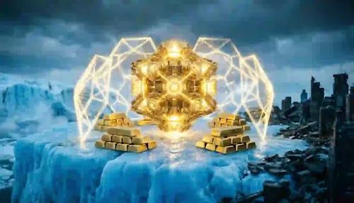 The Sovereign Node A glowing quantum cryptographic node isolated on a glacier.