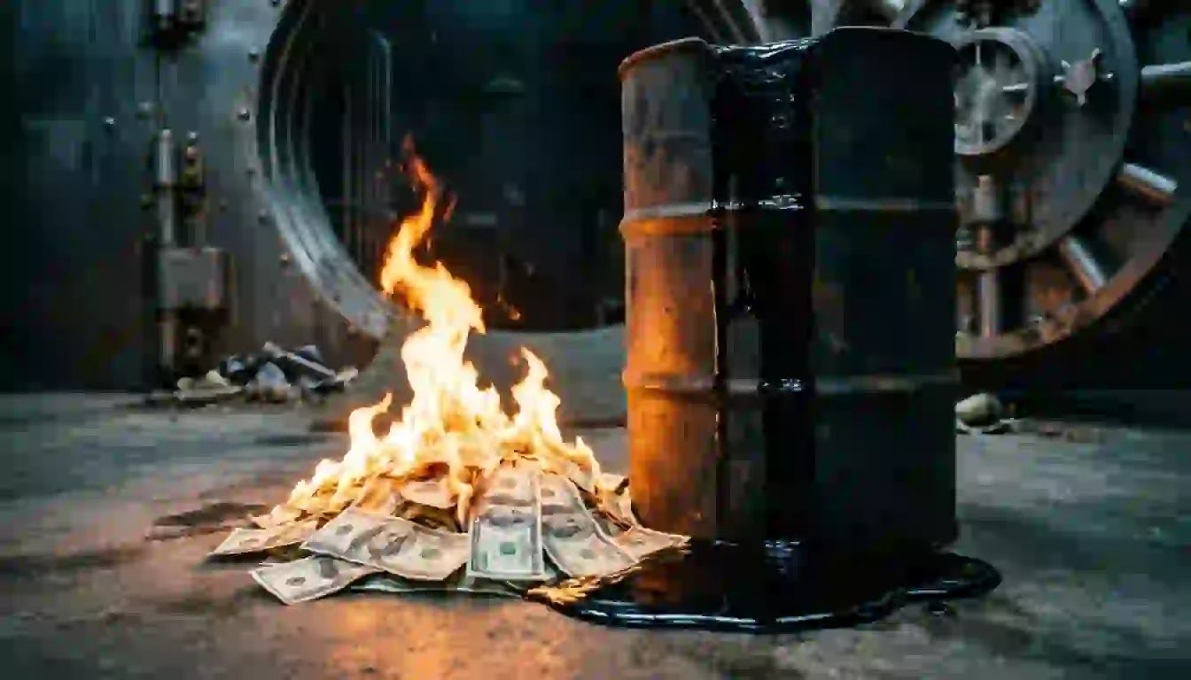 An oil barrel leaking black oil over burning US dollar banknotes representing the systemic collapse of the petrodollar system.