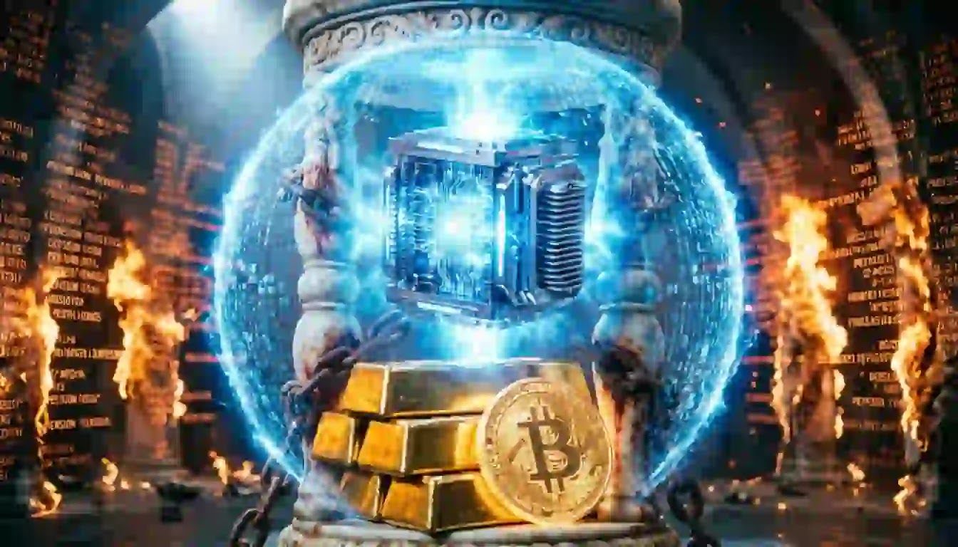 A pristine, glowing quantum node projecting a cold blue cryptographic shield over a vault of physical gold, protecting it from a collapsing matrix of burning digital pension ledgers.