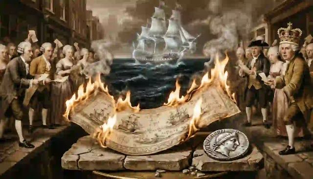 A detailed baroque still life conceptual photograph of burning South Sea Company stock certificates.