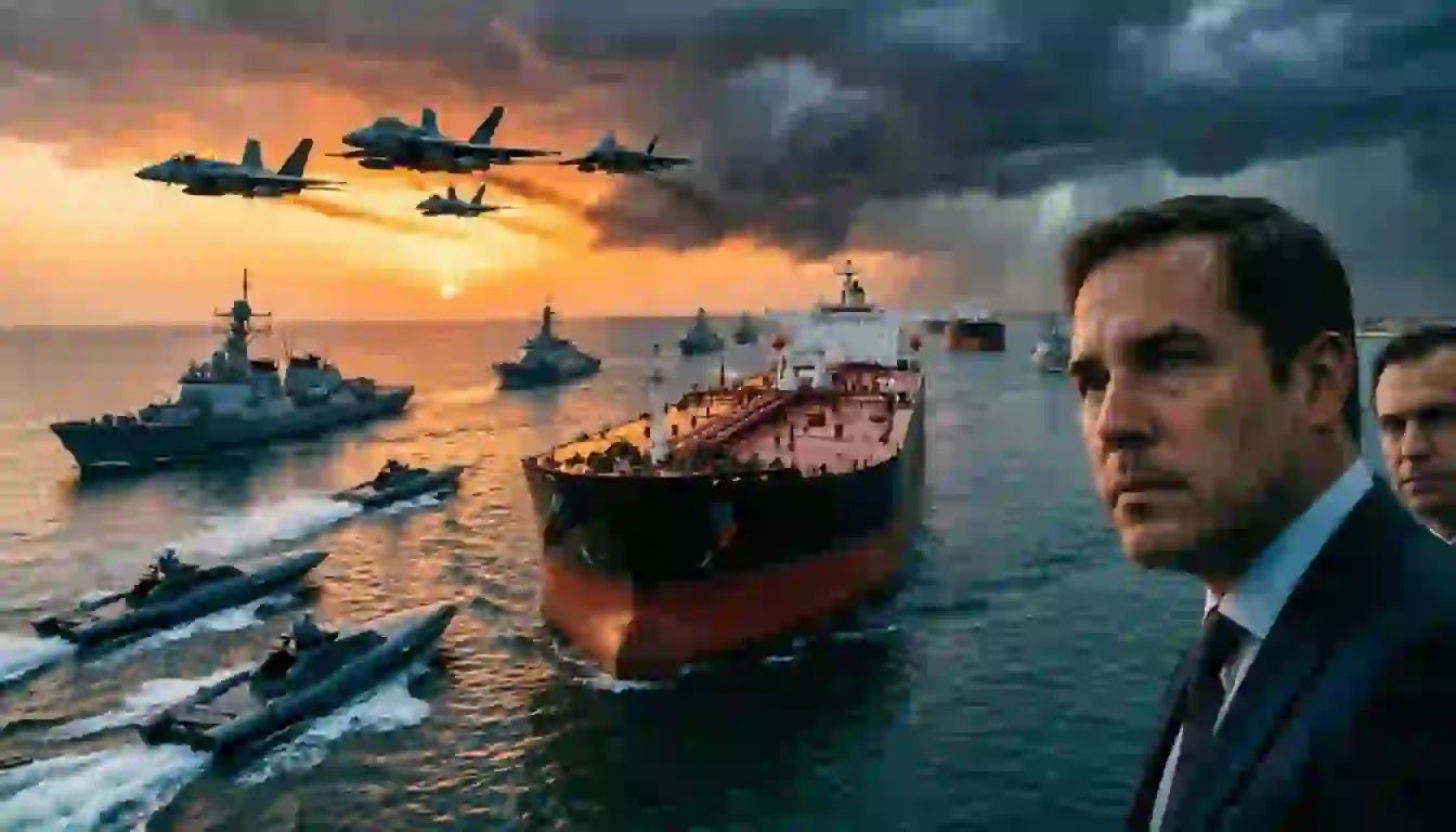 A high-tech geopolitical war room map displaying the Strait of Hormuz glowing with red naval blockades and crashing global market data.