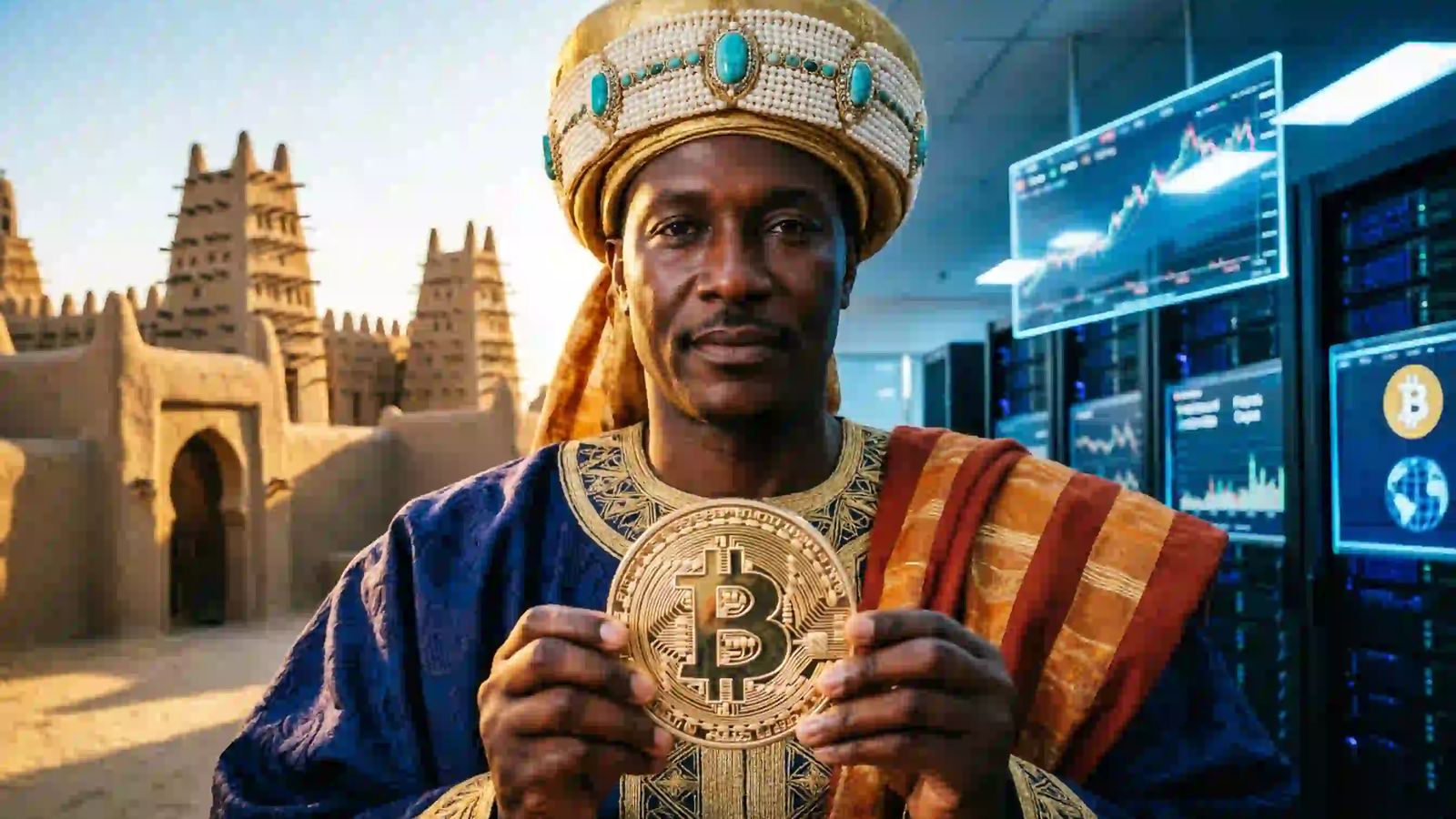 Bitcoin Dossier #59: Mansa Musa, Bitcoin Historical portrait of Mansa Musa holding a glowing Bitcoin symbol, bridging ancient gold dominance with modern digital asset sovereignty.