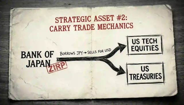 Capital Flow Chart in Yen Carry Trade An illustrative diagram showing the mechanics of the carry trade, where Japanese Yen is borrowed at a low interest rate and invested in higher-yielding US Dollar assets.