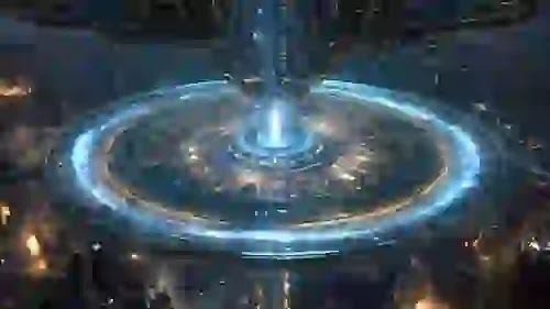 A hyper-realistic cinematic shot of a glowing nuclear fusion core powering a colossal, floating AI server farm, cyberpunk aesthetic, dark atmospheric lighting.