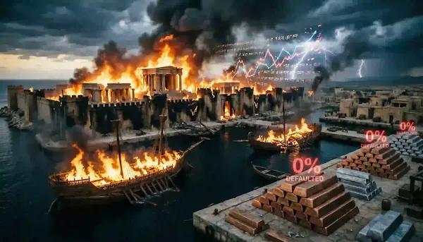 Cinematic visualization of a burning Bronze Age port city, symbolizing the global macroeconomic supply chain collapse, broken trade routes, and systemic zero. - ChronoVerse Capital Dossier 06