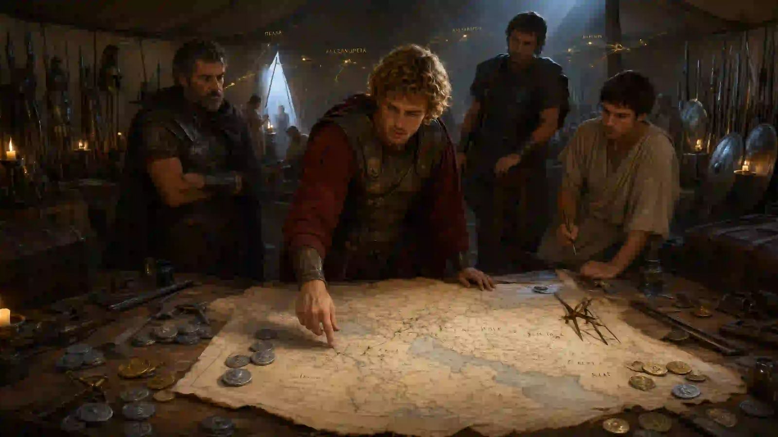 The Alexandrian Blueprint intel dossier A conceptual historical scene depicting Alexander the Great studying cartographic blueprints and ancient maps on a dark table, with gold coins and Hellenic blueprints, as ghost-like glowing network paths and trading routes illuminate the background.
