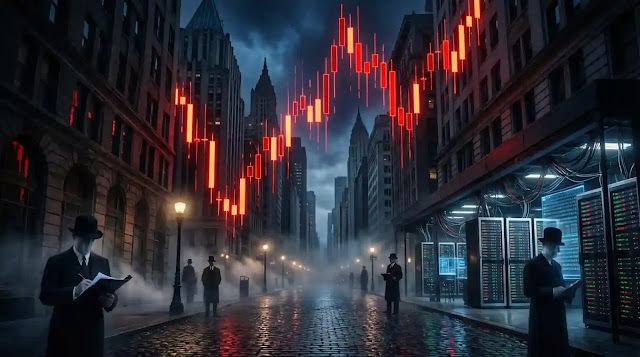 A cinematic visualization blending 18th-century London streets with falling modern red stock market candlesticks, symbolizing the 1720 South Sea Bubble and the first sovereign rug pull in financial history