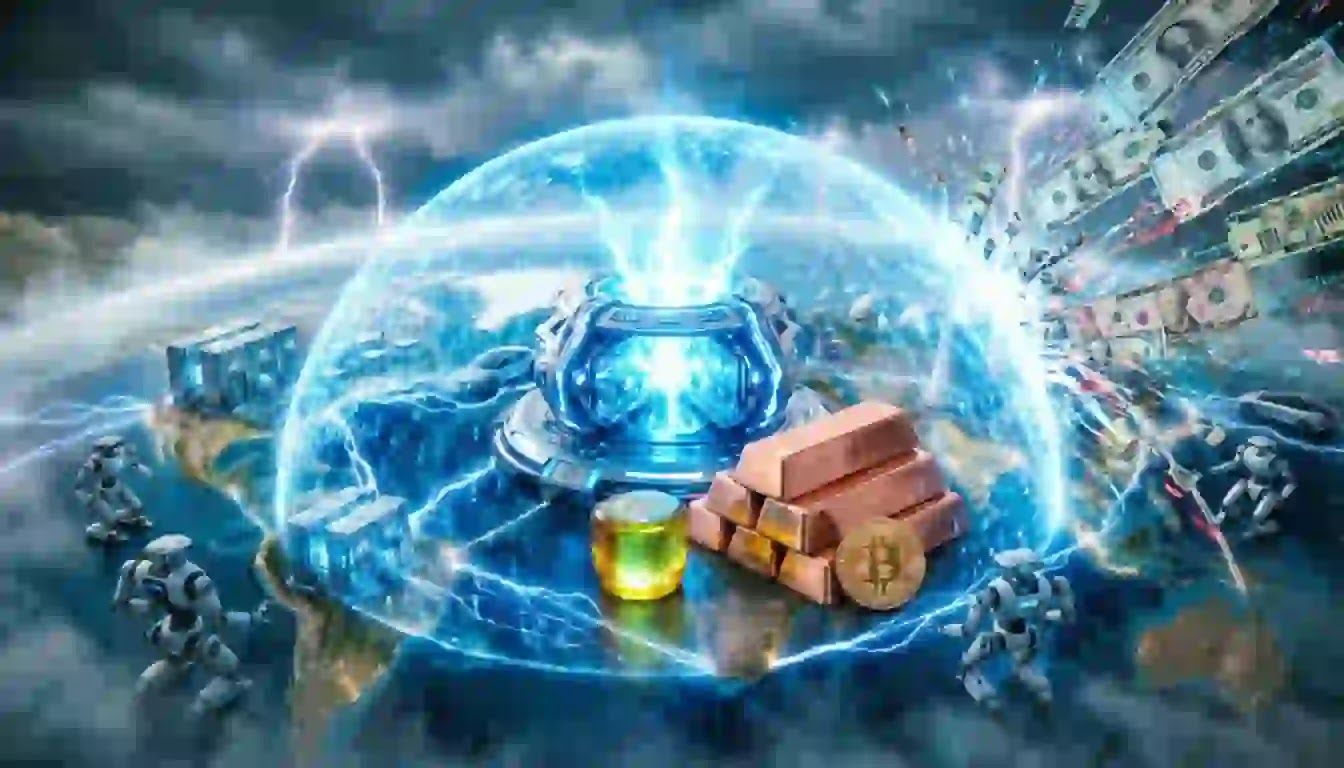 A pristine quantum computing node projecting a protective shield over physical uranium, copper bars, and a glowing Bitcoin, repelling a storm of decaying fiat currency.