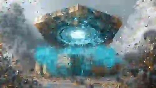A hyper-realistic cinematic shot of a glowing, futuristic quantum computing core actively rewriting a decaying, rusted fiat financial ledger wrapped in glowing red chains.