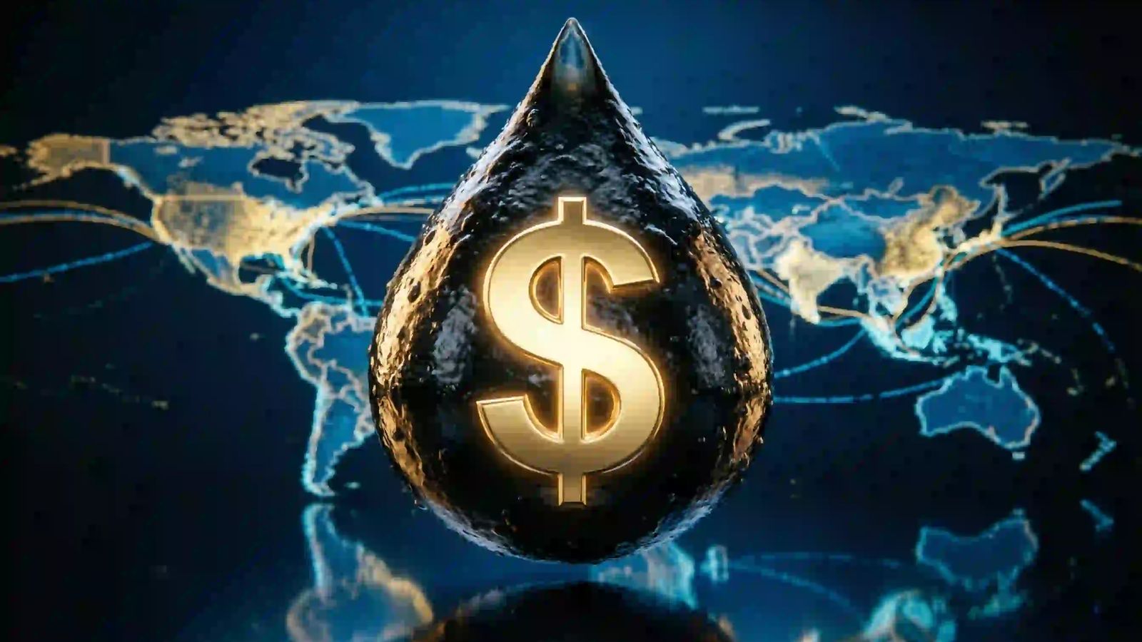 The Petrodollar Pact and the Loop of Empire An institutional concept illustration of a golden crude oil drop seamlessly interlocking with a modern glowing US Dollar sign and Treasury bond ledger, symbolizing the petrodollar loop of imperial capital.